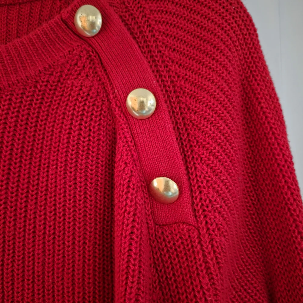 J. Crew Bright Red Ribbed Crewneck Sweater with Gold Buttons